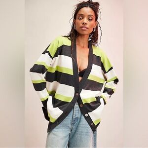 Free People A League of Her Own Striped Cardigan Sweater Green XS